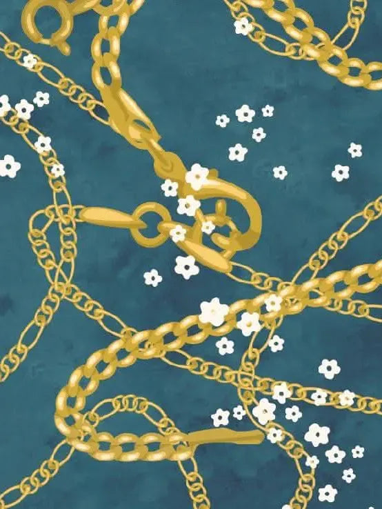 Teal fabric with gold chains and small white flowers.