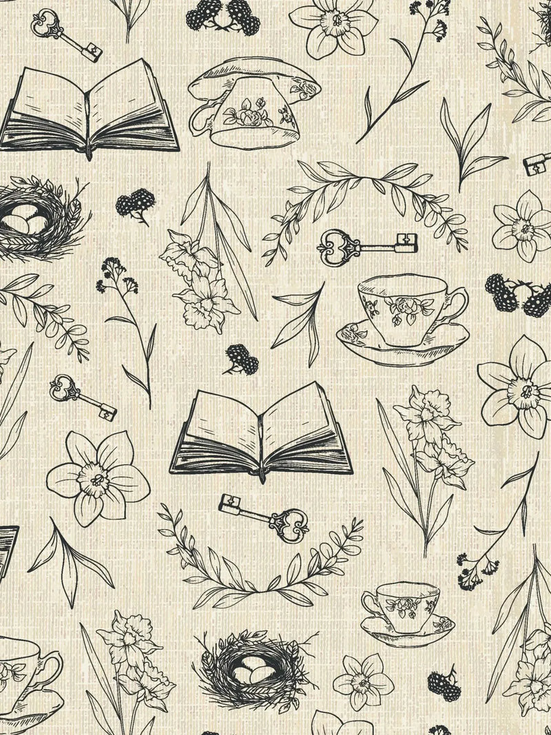 A beige fabric with black line drawings of tea cups, books, flowers, and keys.