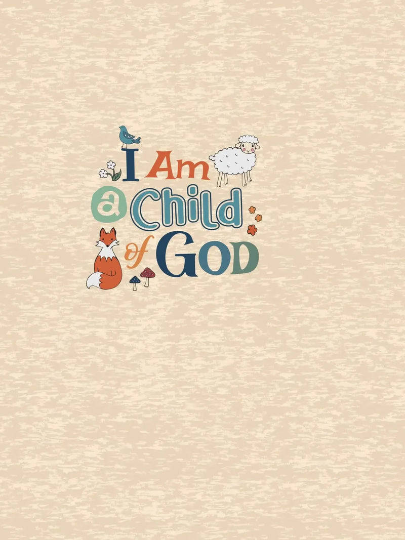 A fabric panel with "I Am a Child of God" text and nature illustrations on a sandy background.