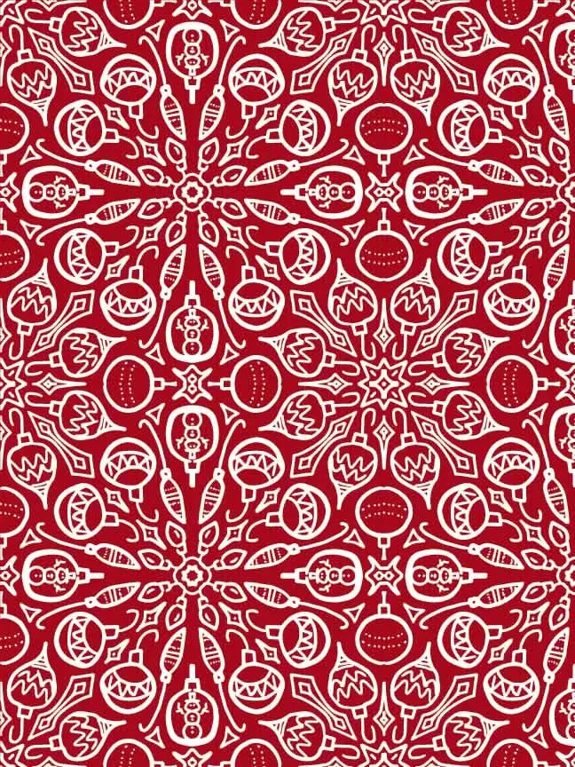 Red fabric with white Christmas ornament and snowflake patterns.