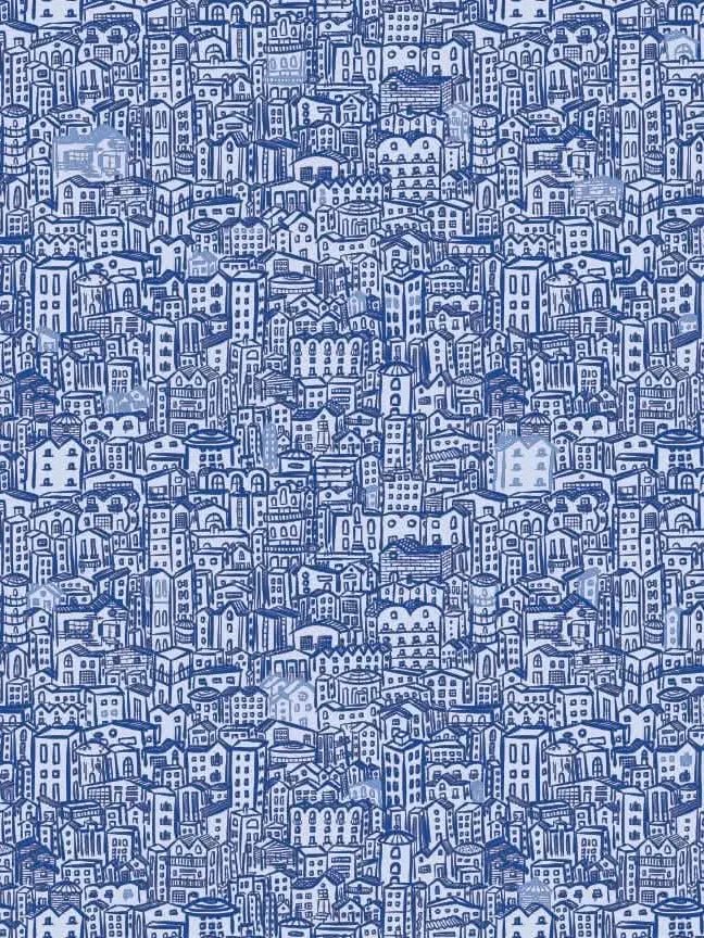 Blue and white fabric with a dense, hand-drawn pattern of buildings.