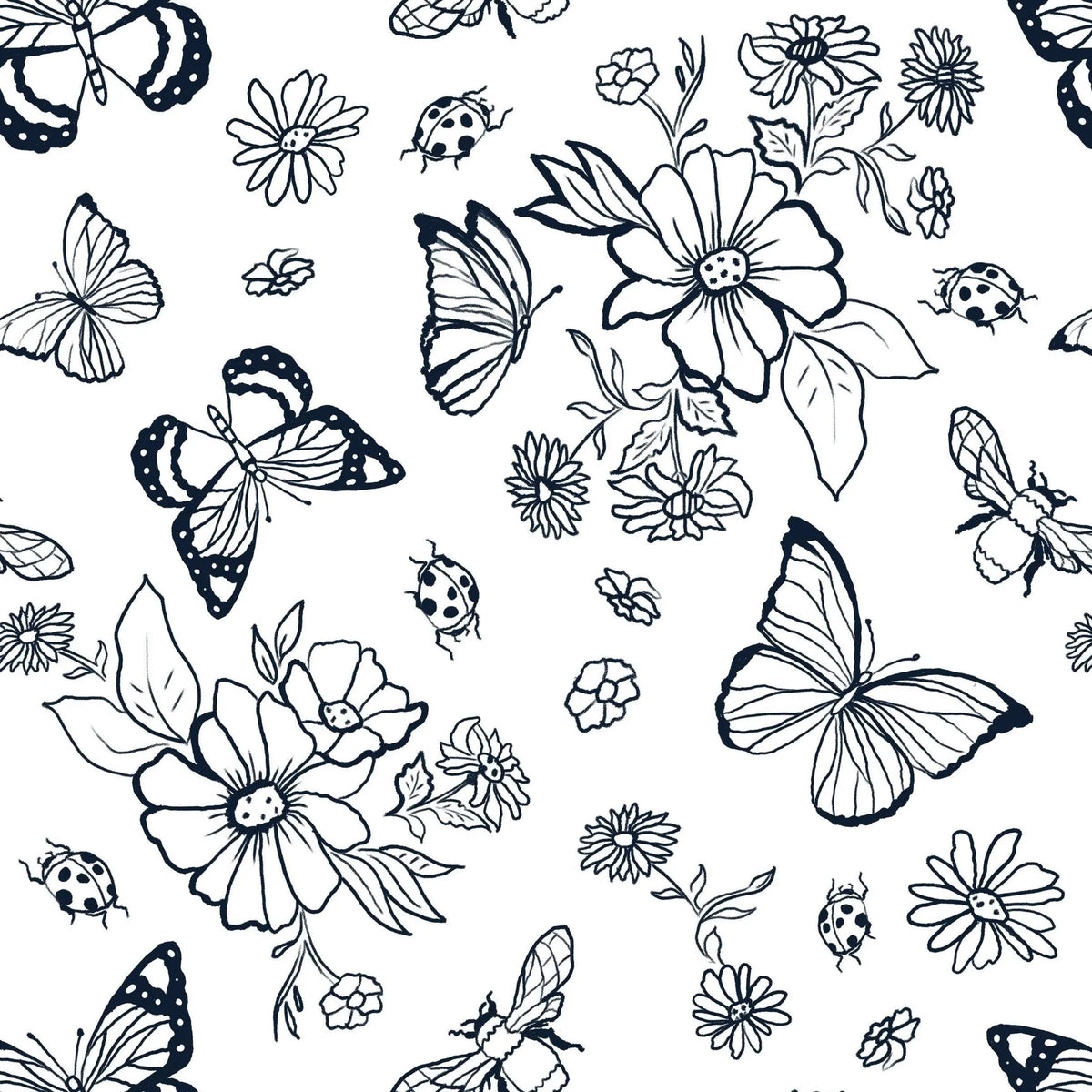 Black and white line art of butterflies, bees, ladybugs, and flowers.