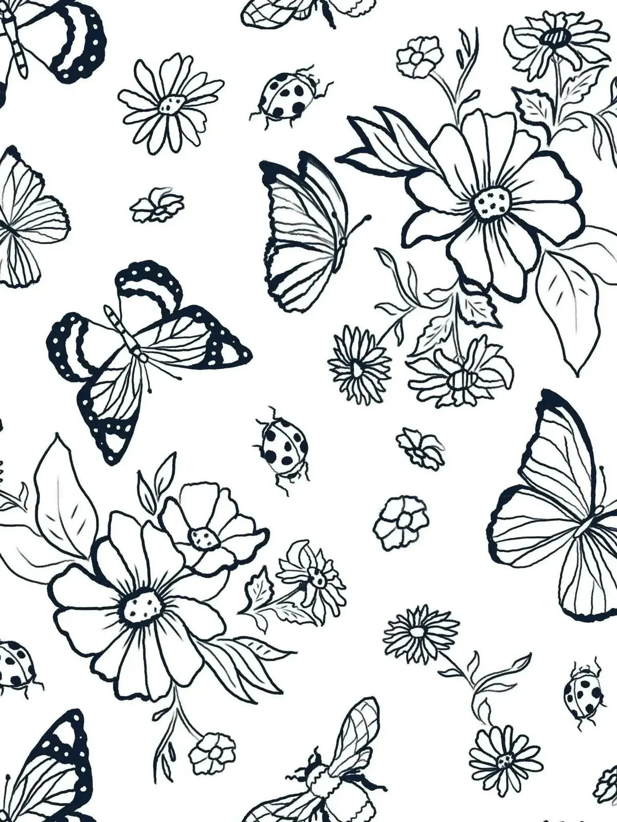 Black line art fabric print of butterflies, flowers, and ladybugs for coloring.