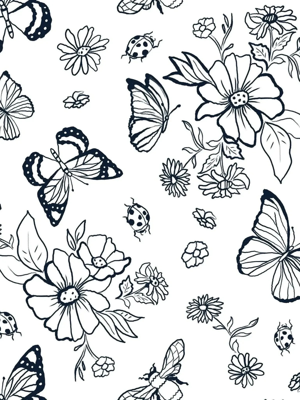 Black and white line art of butterflies, bees, ladybugs, and flowers.