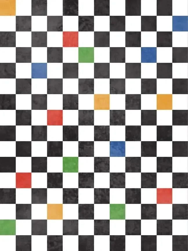 A checkerboard pattern with black and white squares, featuring scattered colored squares.