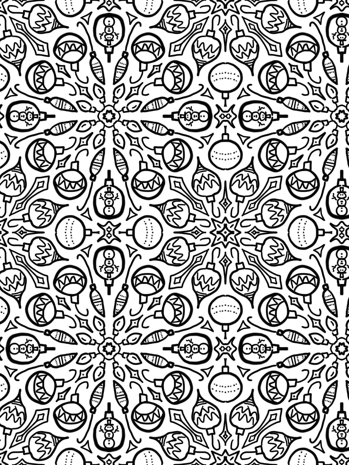 A black and white coloring page pattern of various Christmas ornaments.