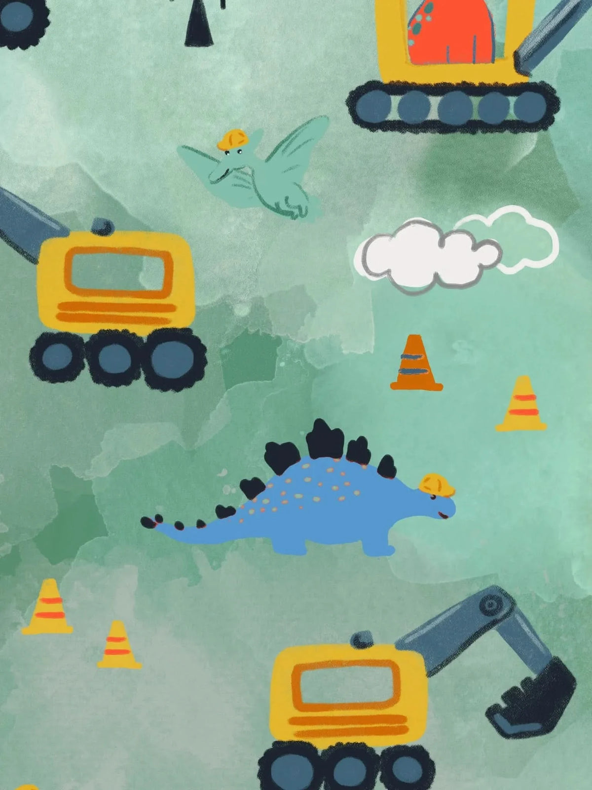 A green fabric with cartoon dinosaurs and construction vehicles.