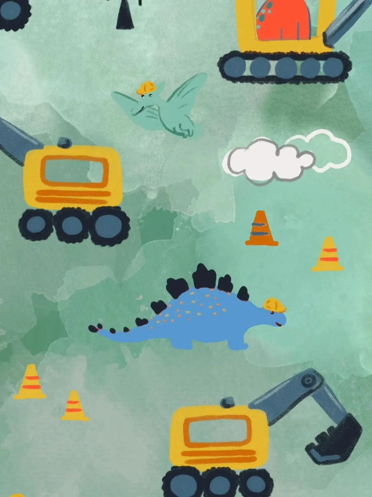 Green fabric with cartoon dinosaurs, construction vehicles, and traffic cones.