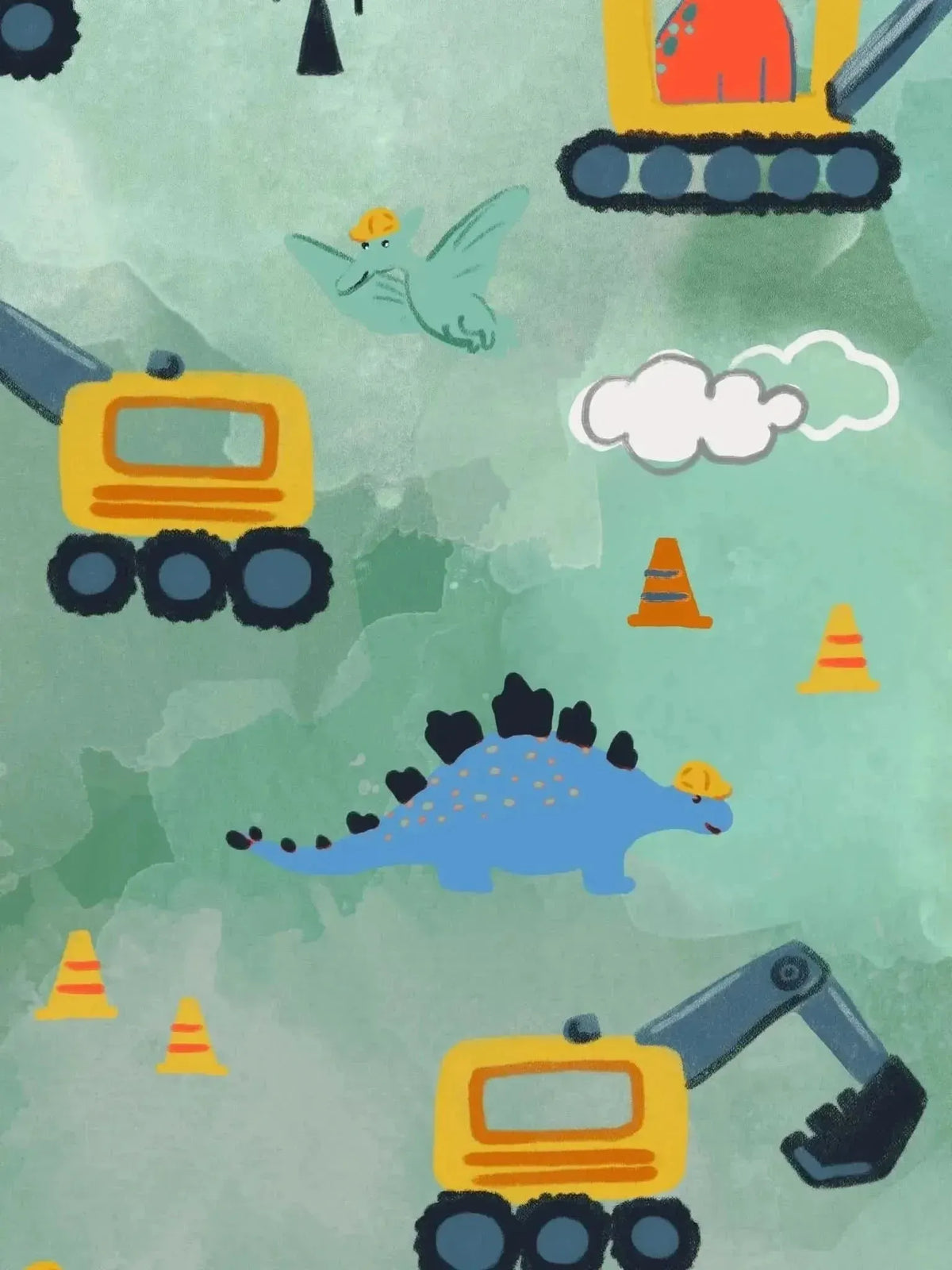 Green fabric with cartoon dinosaurs, construction vehicles, and traffic cones.