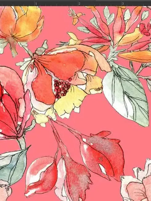 A vibrant coral fabric features a watercolor floral pattern with orange, yellow, and green accents.