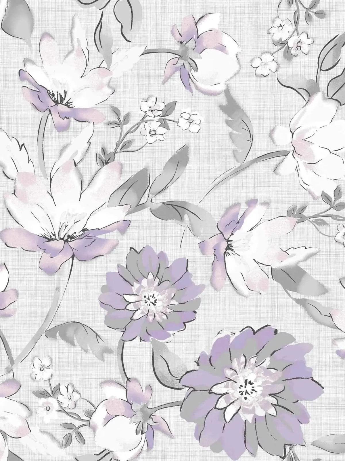 A fabric with a pattern of purple and white flowers on a light gray background.