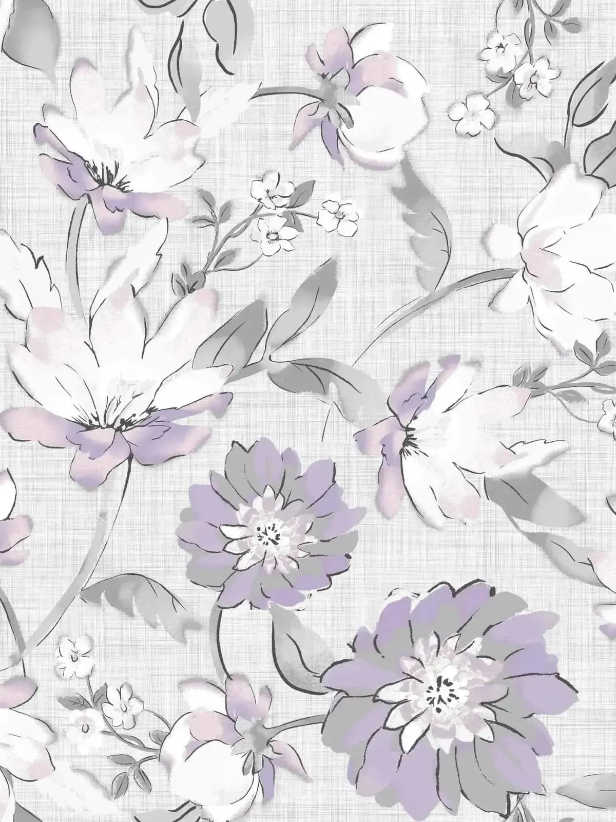 Purple floral print fabric featuring white and lavender cornflower meadow pattern on gray background.