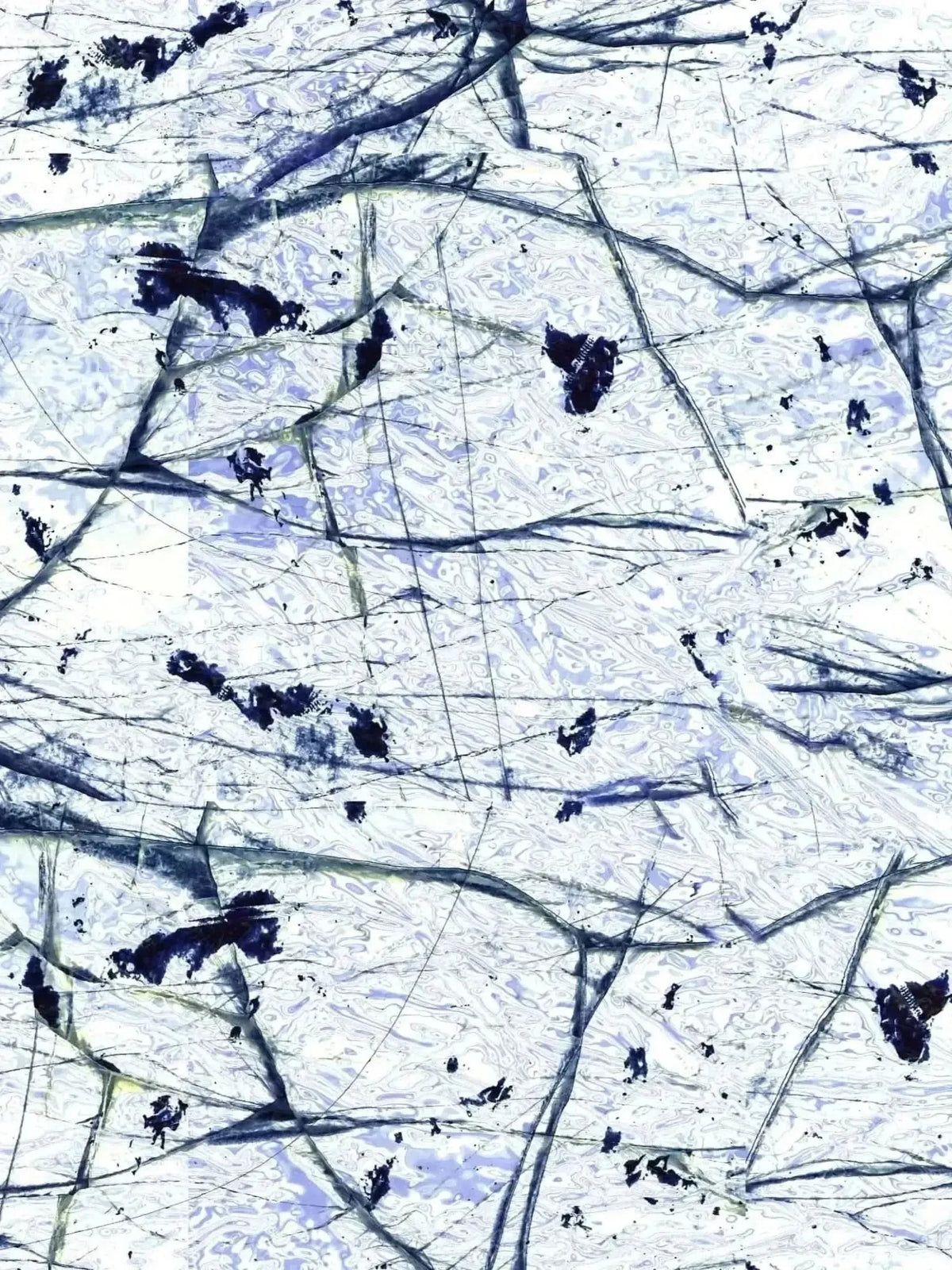 White cracked ice abstract print fabric with blue and black veins on a white base.