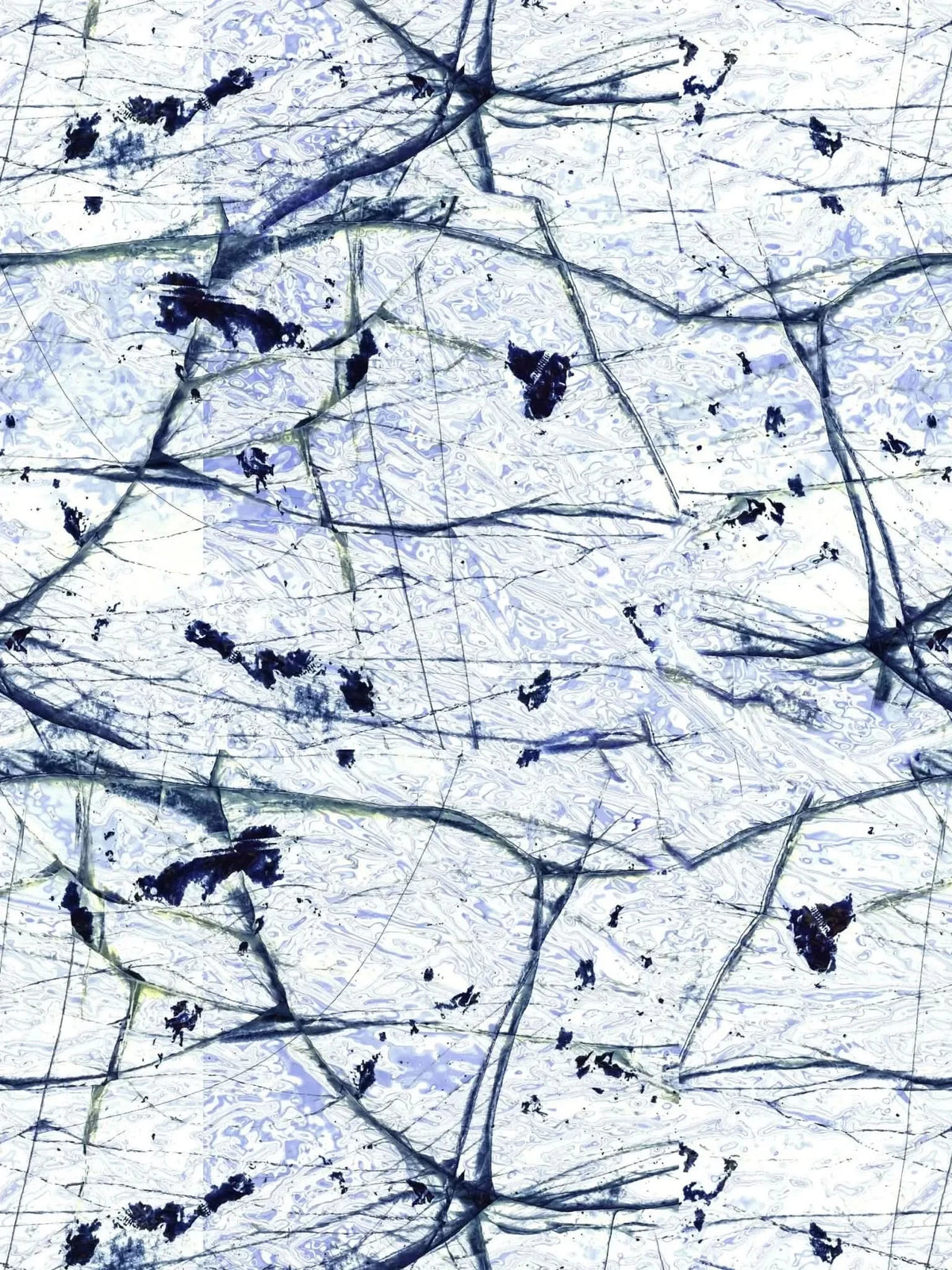 Abstract blue and white fabric with dark blue lines and splotches.