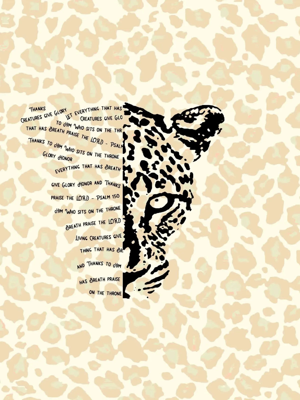 A leopard print fabric panel features a leopard's face and text from Psalm 150.