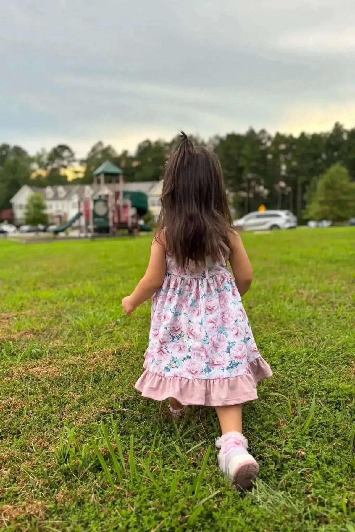 Pink blue rose print floral fabric with subtle faith-based elements.