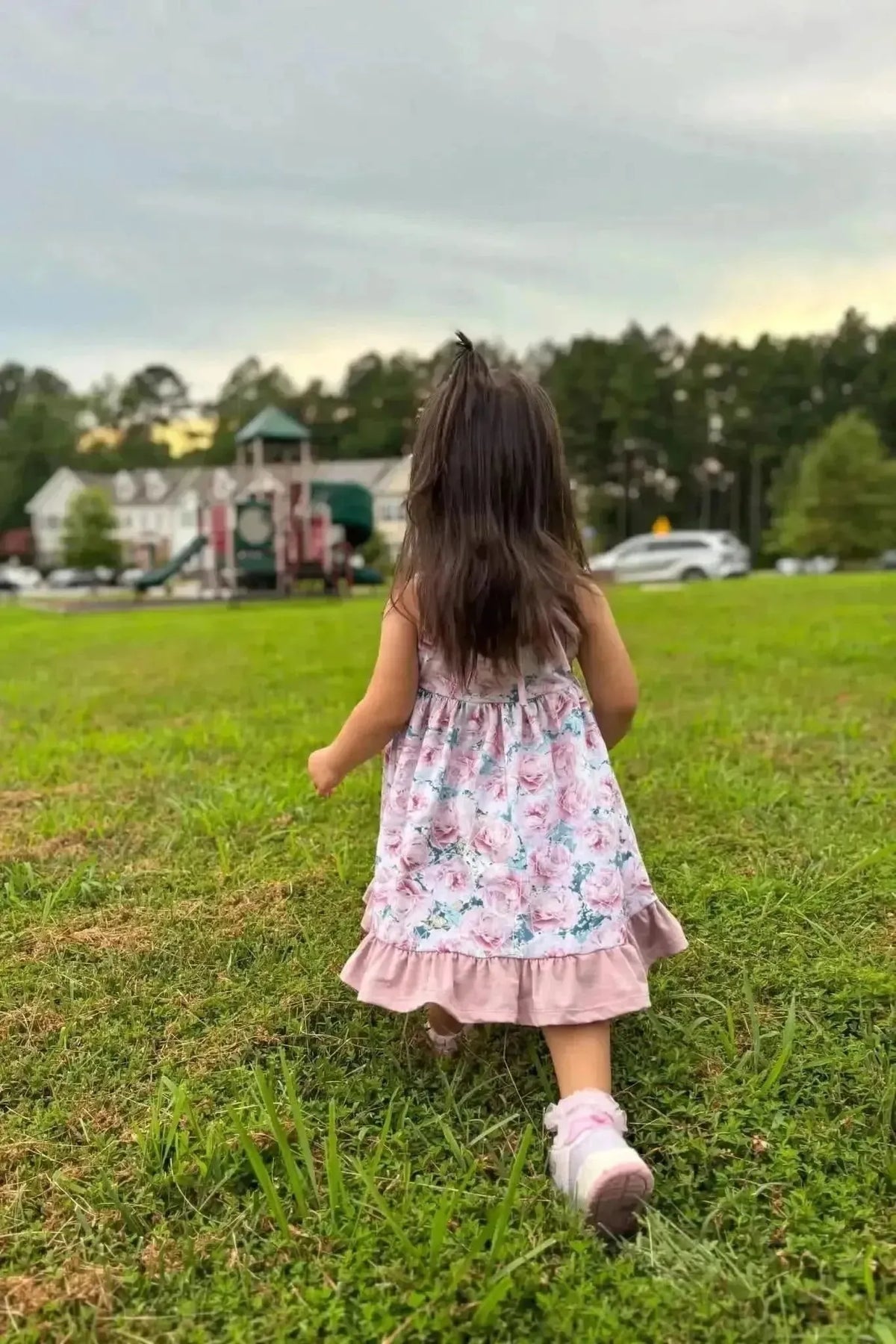 Pink blue rose print floral fabric with subtle faith-based elements.