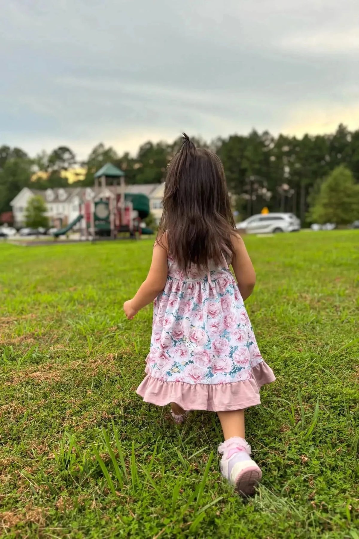 Pink blue rose print floral fabric with subtle faith-based elements.