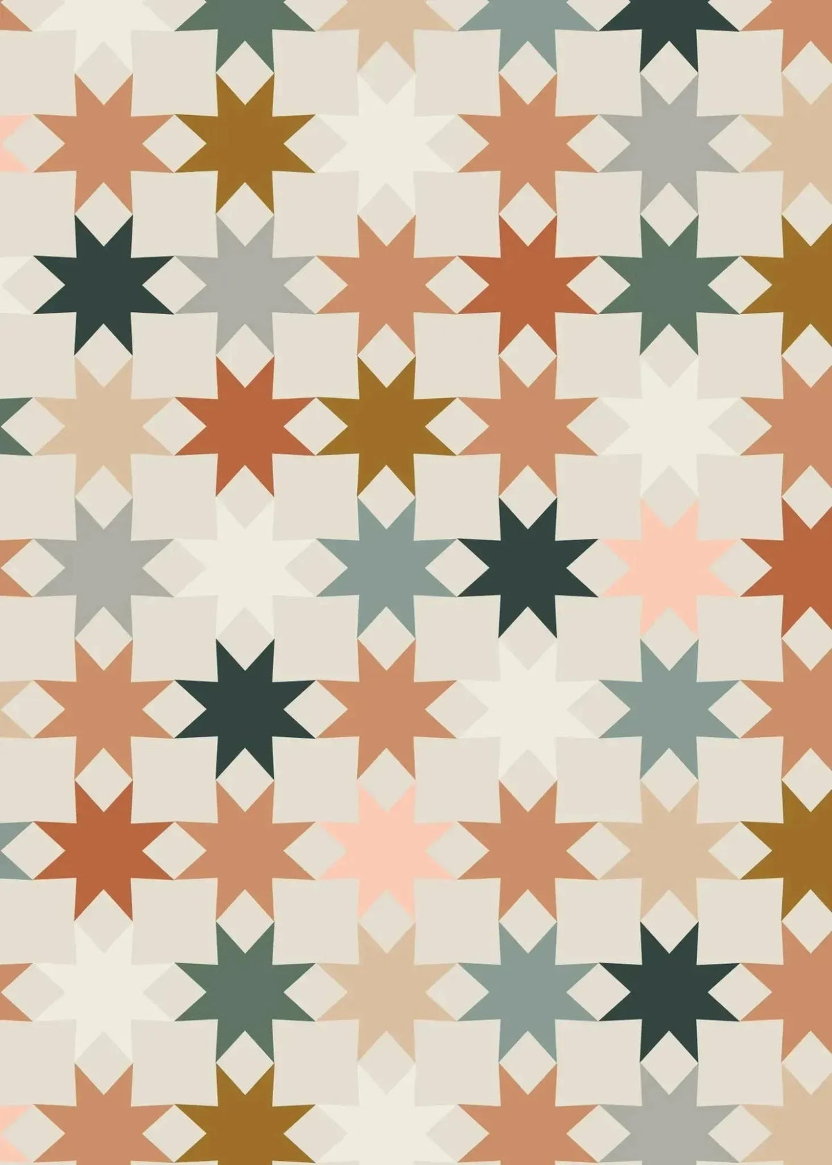 Geometric print fabric with multicolored star patterns on a light background.
