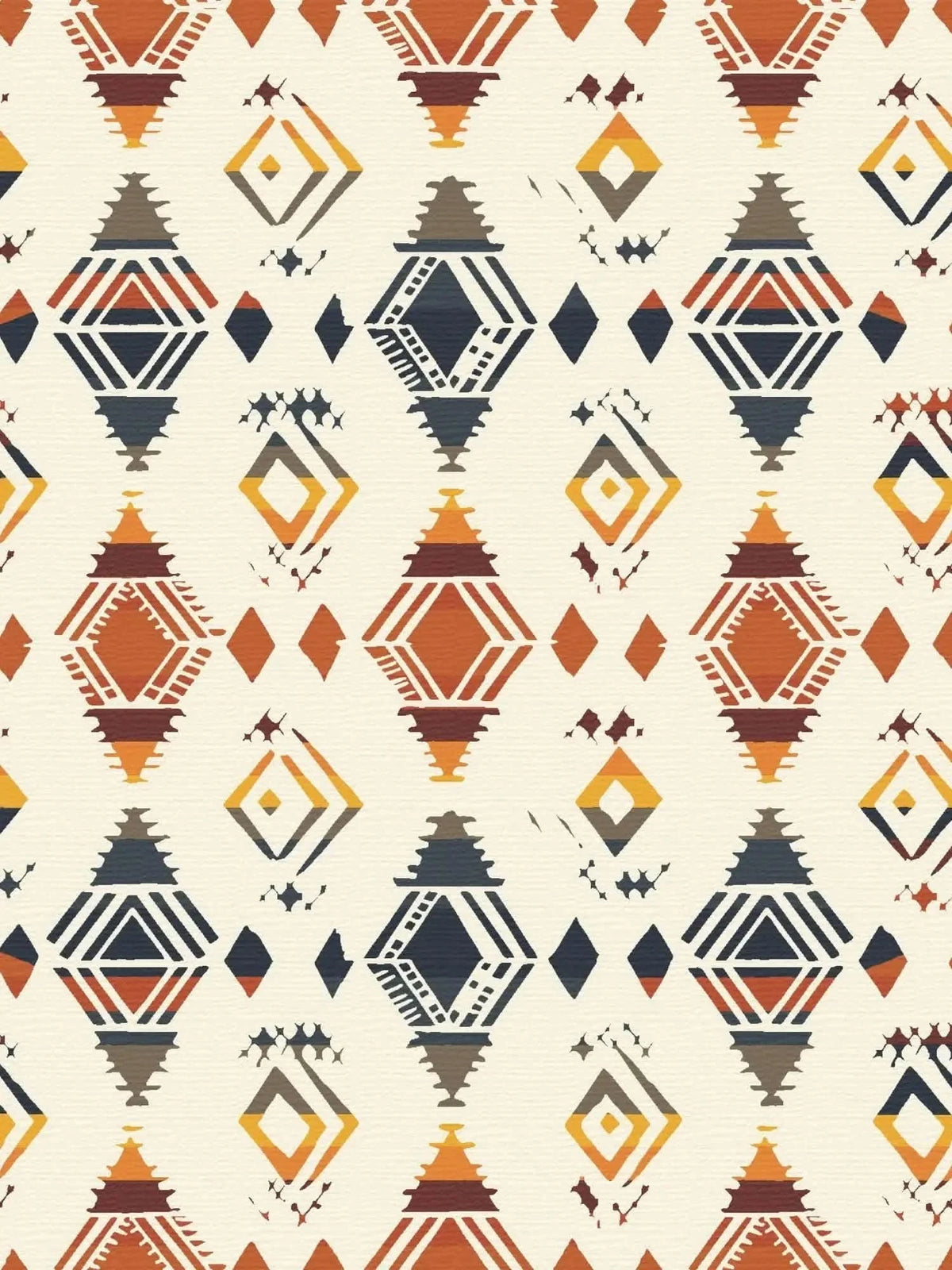 A fabric with a repeating pattern of colorful, stylized diamond and geometric shapes.