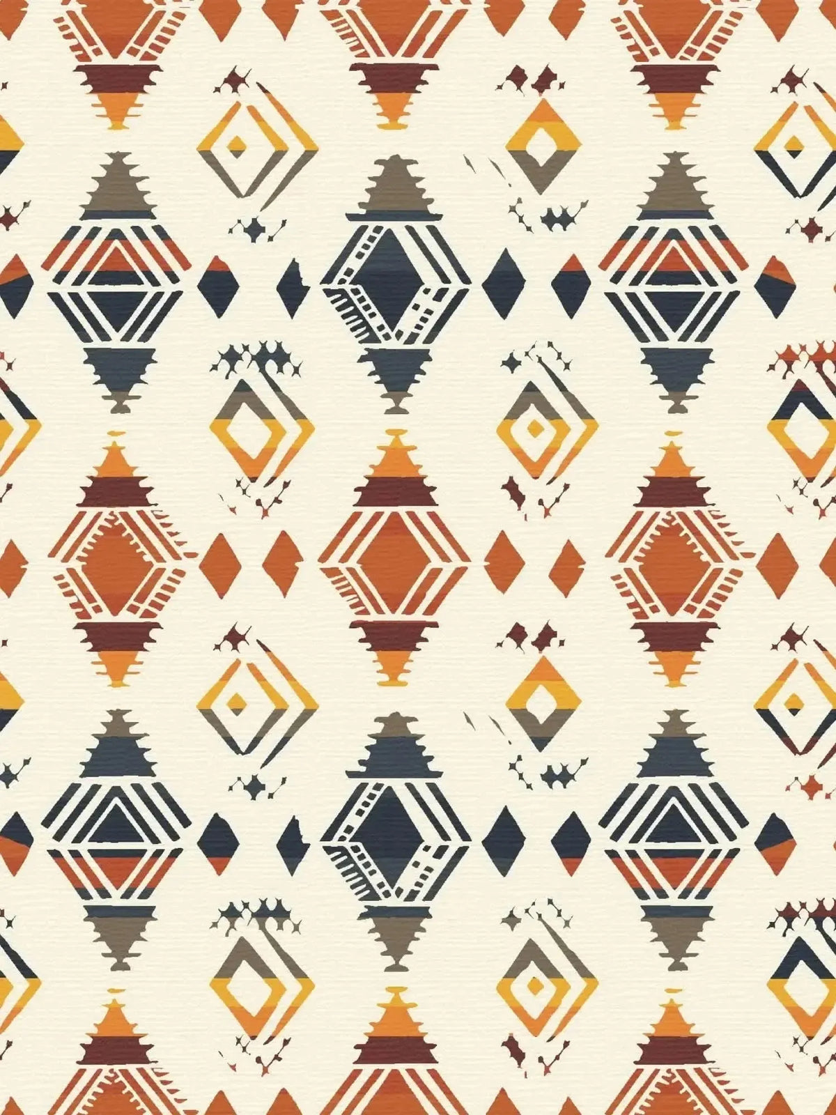 Desert Diamond Southwestern print fabric with geometric diamond patterns in terracotta, beige, and navy.