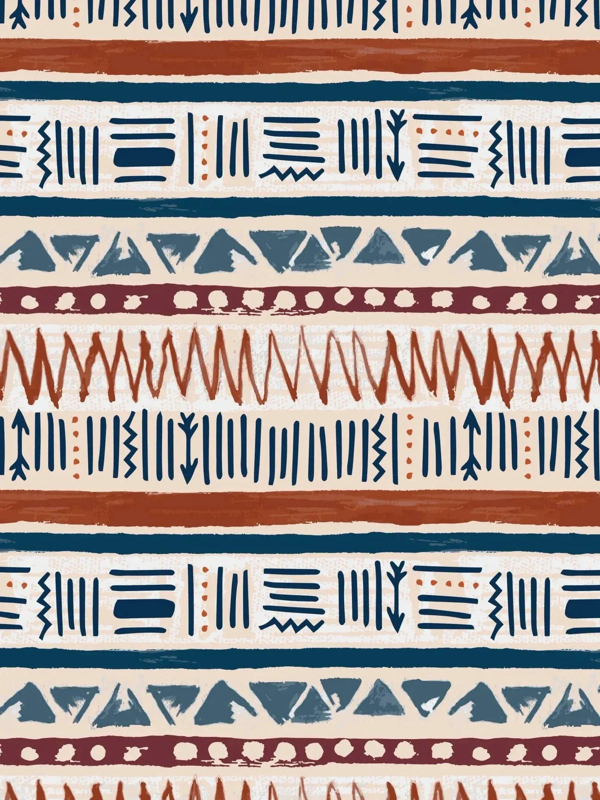 Desert Echoes faith-based fabric with geometric tribal patterns in blue, orange, and beige.