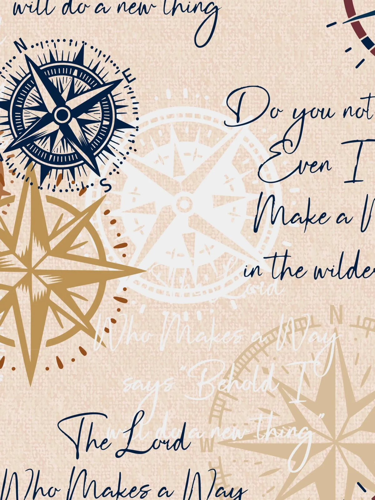 A light tan fabric with compasses and scripture in dark blue, white, and brown.