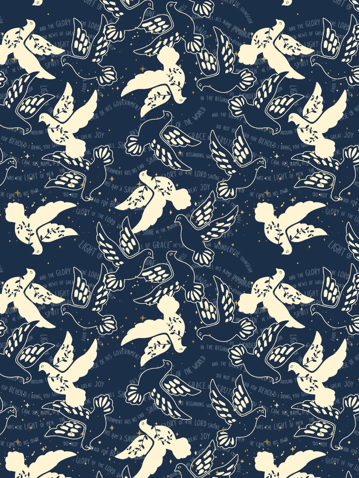A dark blue fabric with white doves and gold stars, featuring religious text.