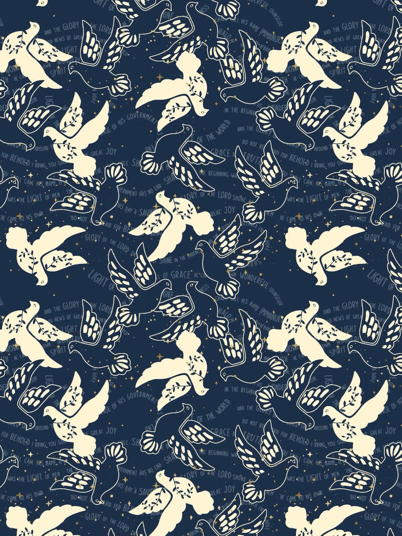A dark blue fabric with white doves and gold stars, featuring religious text.