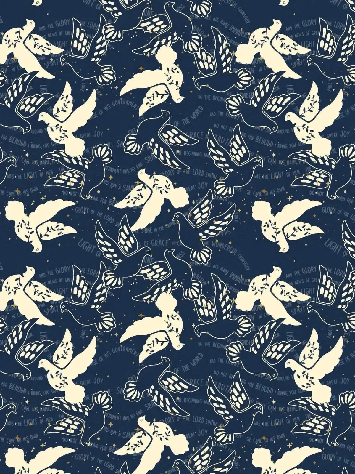 Blue fabric with repeating white dove patterns and faith-based motifs.