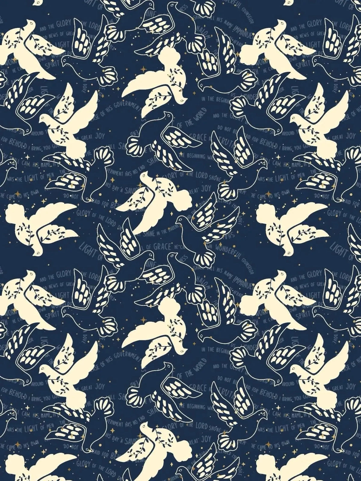 Blue fabric with repeating white dove patterns and faith-based motifs.