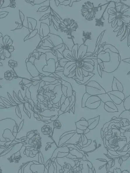 A blue modal jersey fabric features a seamless pattern of outlined floral designs.