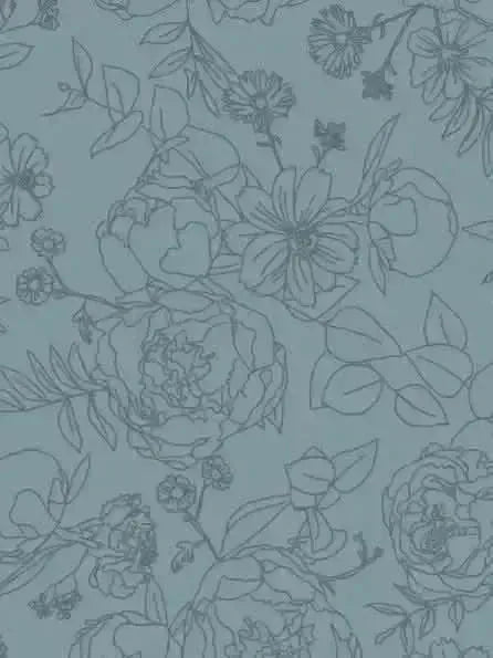 Gray line drawing of peonies and leaves on modal jersey fabric.