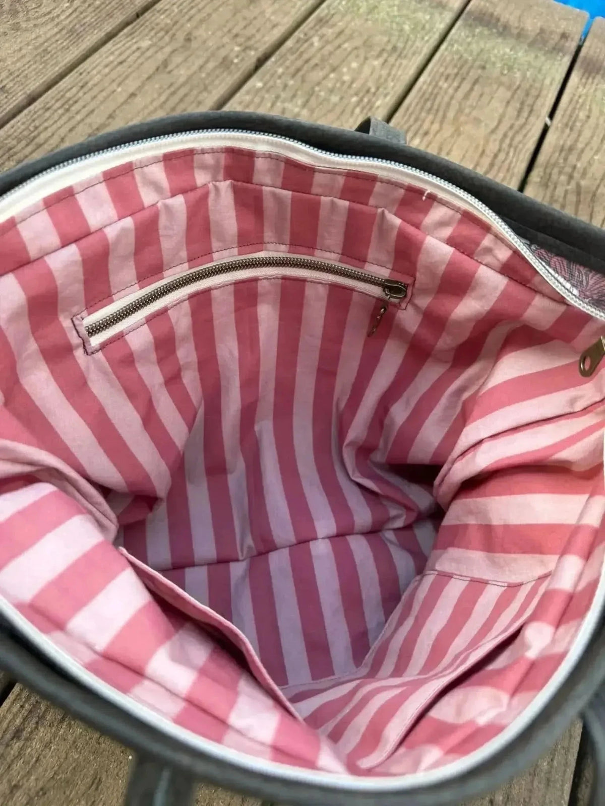 Close-up of Earthen Path striped fabric in neutral warm tones.