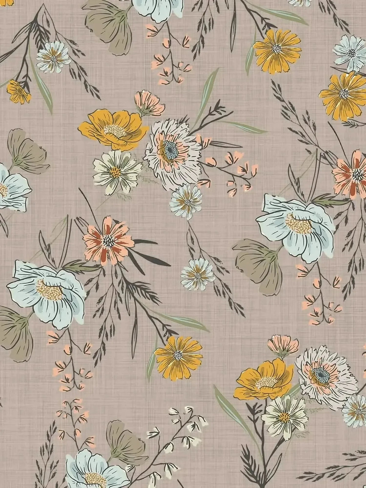 Taupe botanical print fabric with yellow, white, and blue flowers and greenery.