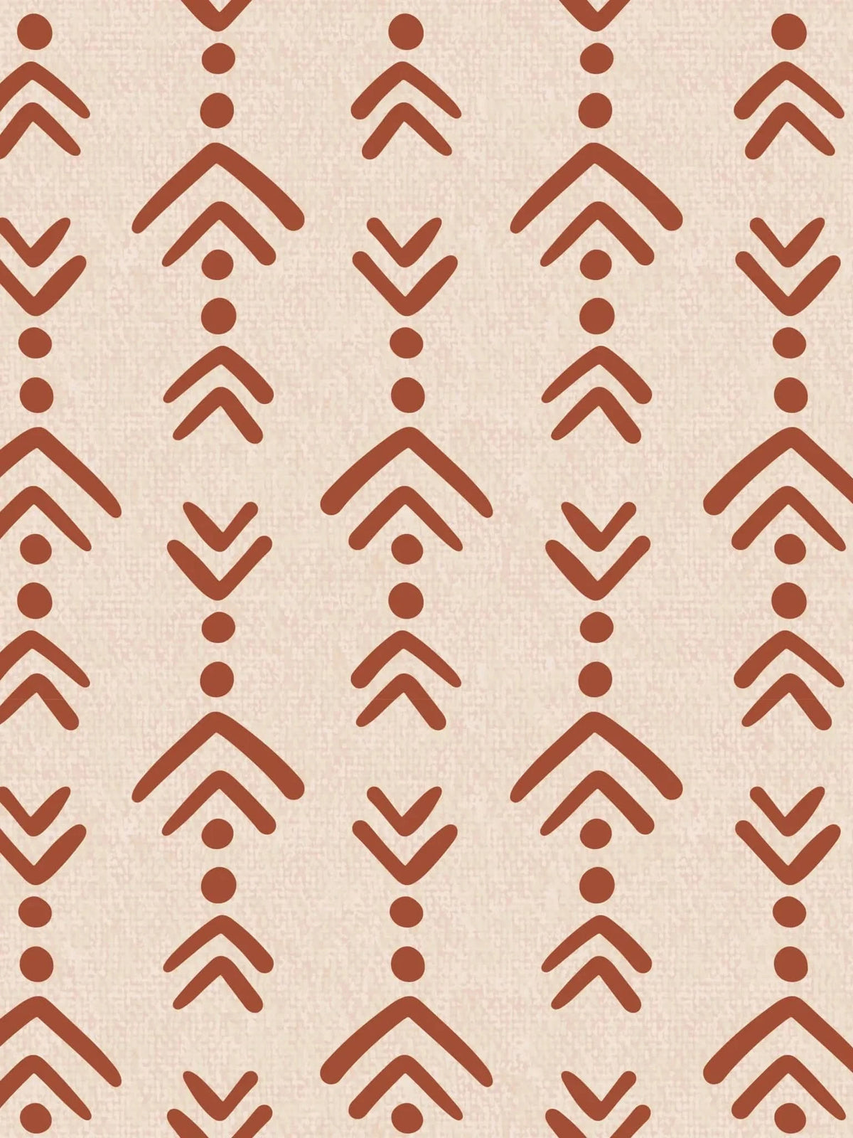 Fabric with a repeating pattern of brown abstract arrows and dots on a light background.