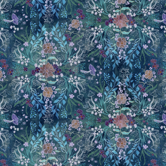 Modeled blue background with mirror images of flowers, leaves and mushrooms. This print is in shades of blue with some peach and purple flowers and mushrooms. This fabric evokes a whimsical and enchanted feeling. 