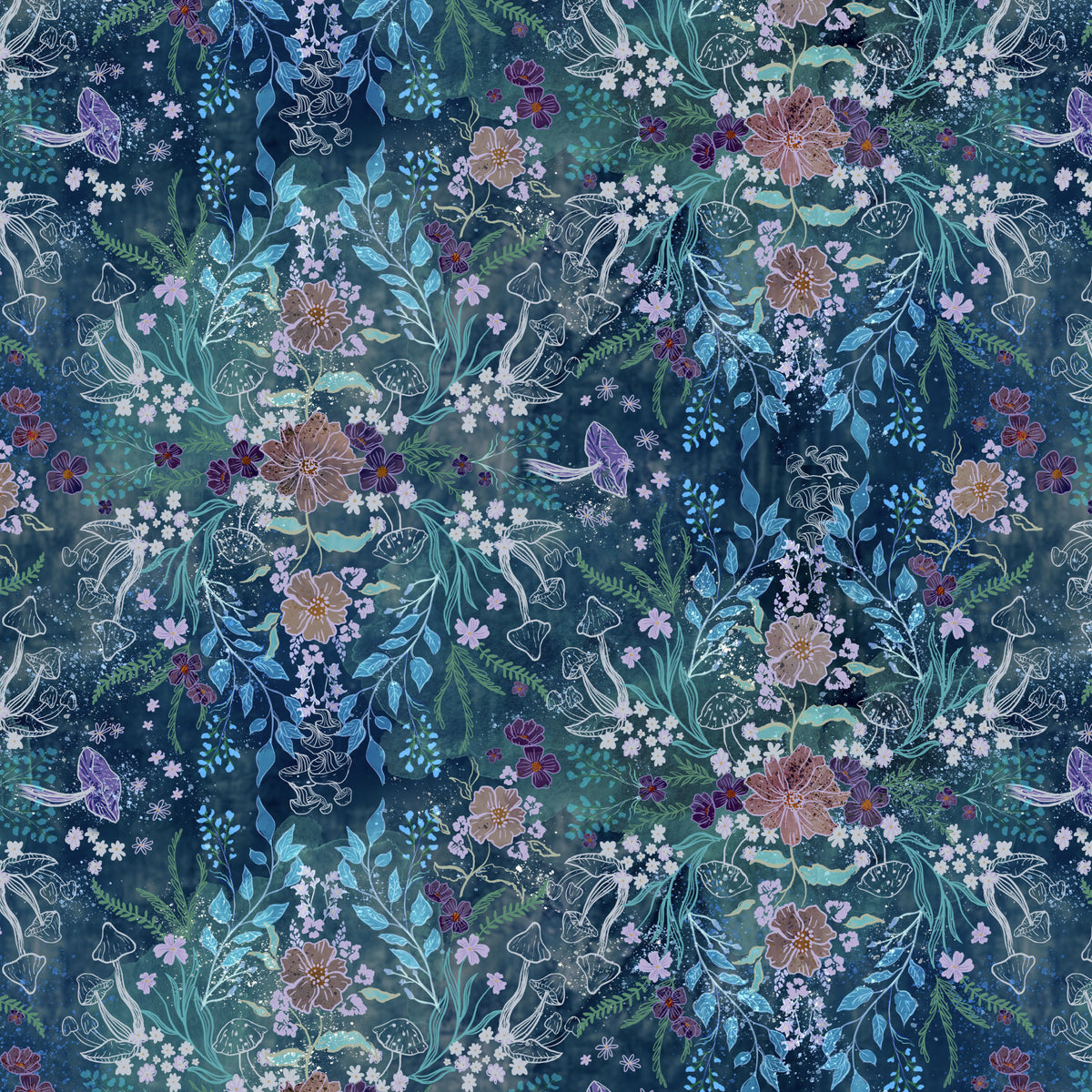 Modeled blue background with mirror images of flowers, leaves and mushrooms. This print is in shades of blue with some peach and purple flowers and mushrooms. This fabric evokes a whimsical and enchanted feeling. 