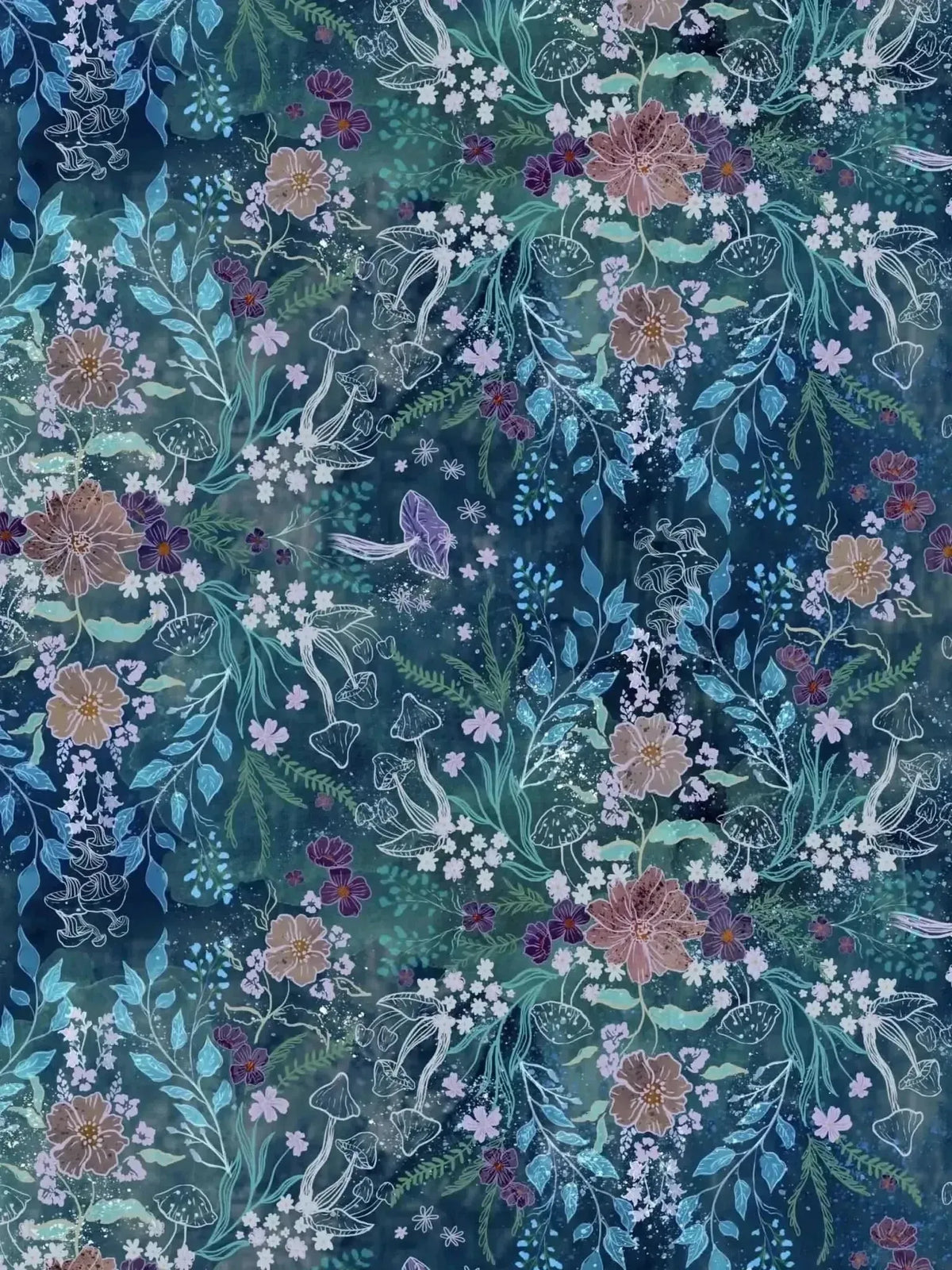 Teal woodland print fabric with enchanted glen floral and leaf pattern.