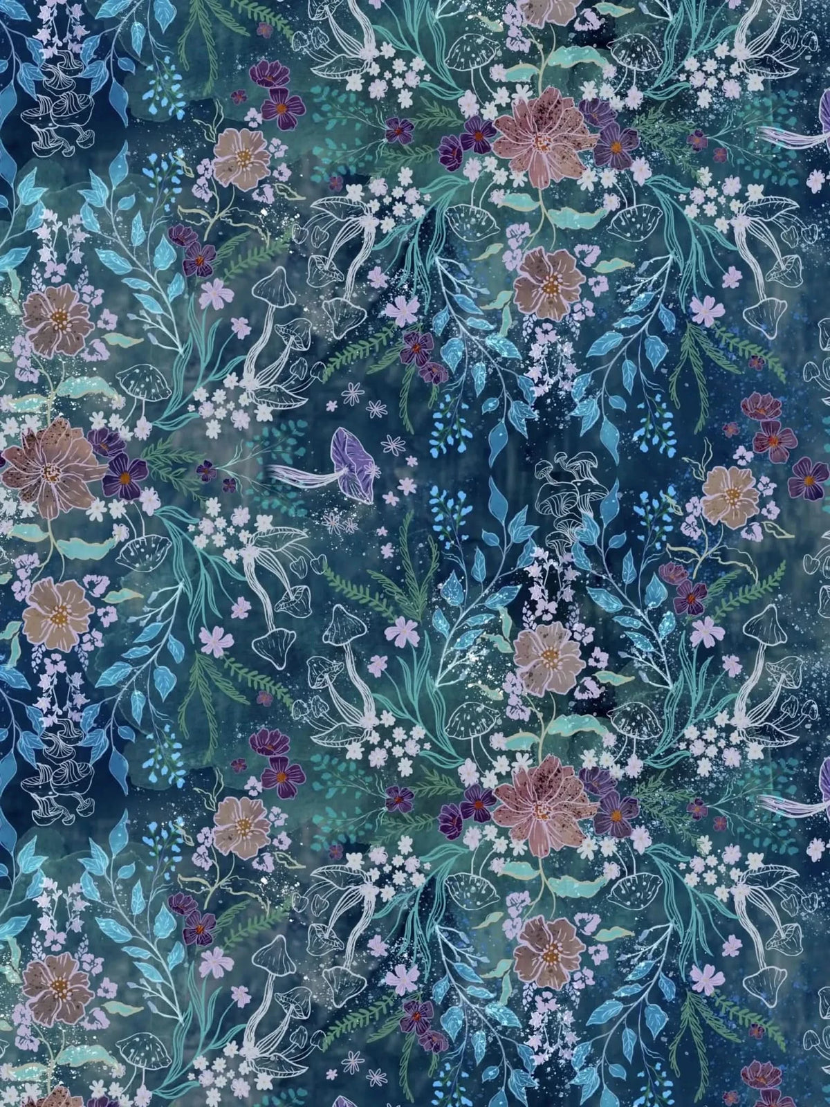 A dark blue fabric with a pattern of flowers, leaves, and mushrooms.