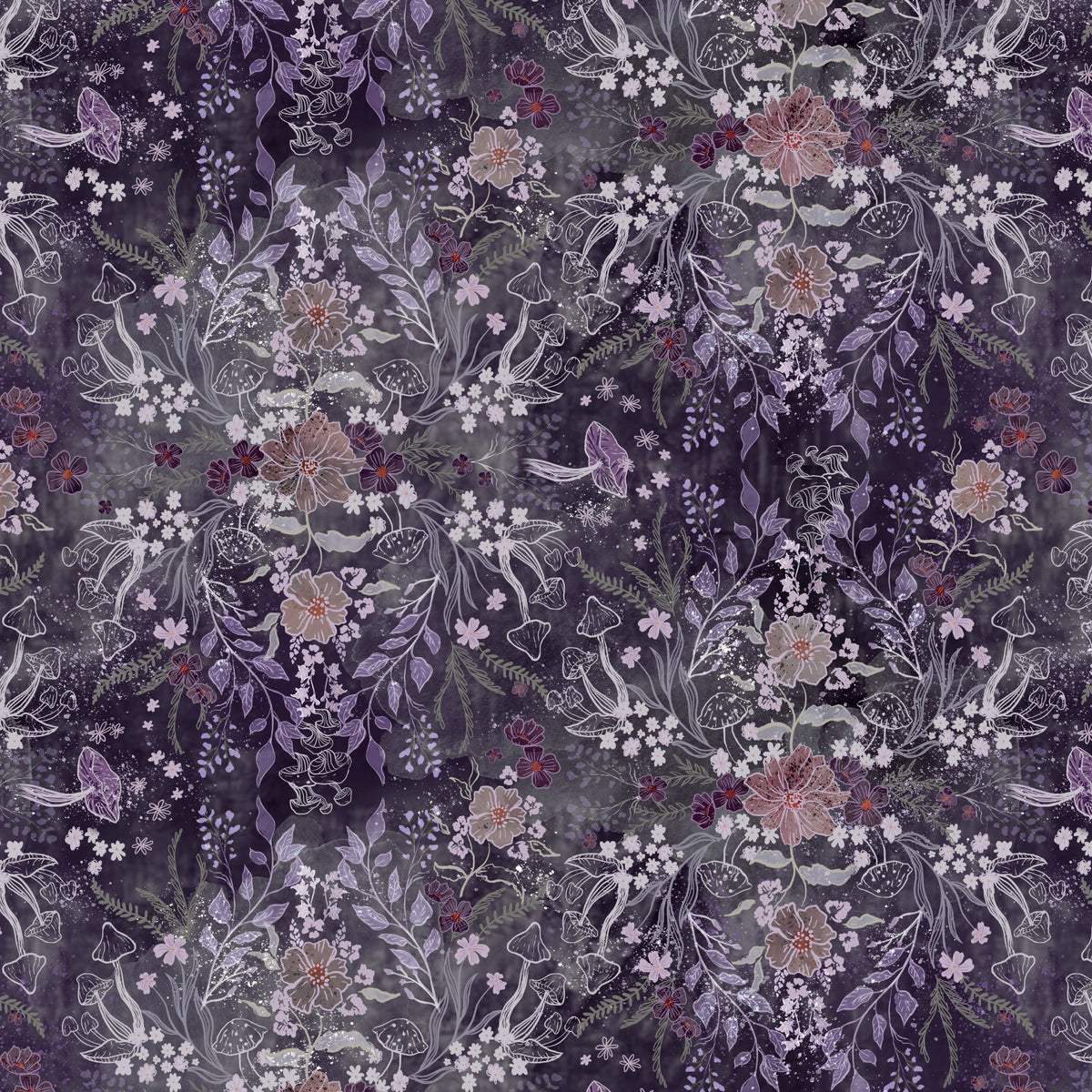 A modeled black background with mirror images of flowers, mushrooms and leaves in muted shades of purple, peach and green on top.