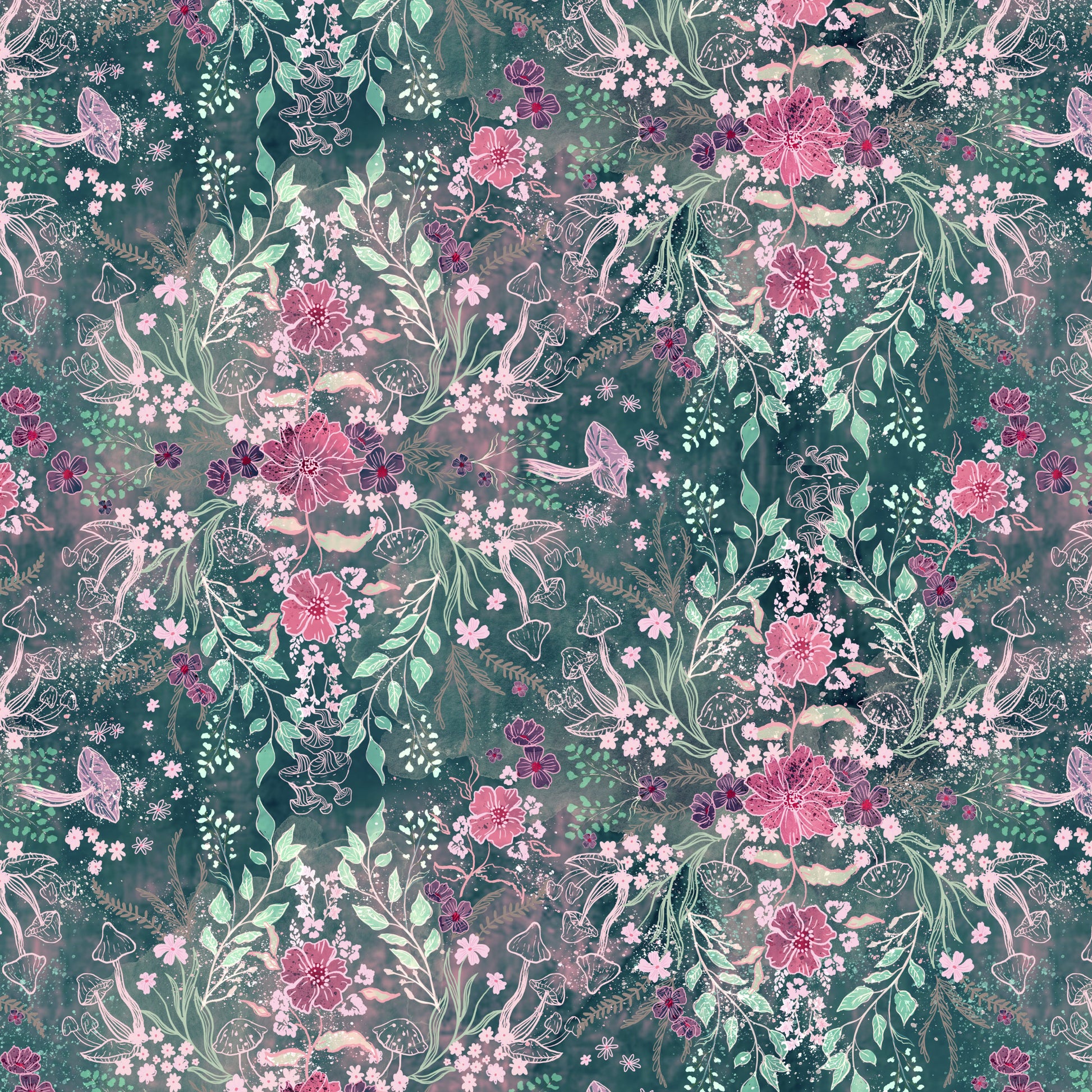A modeled green background with mirror images of flowers, mushrooms and leaves in shades of purple, pink and green.