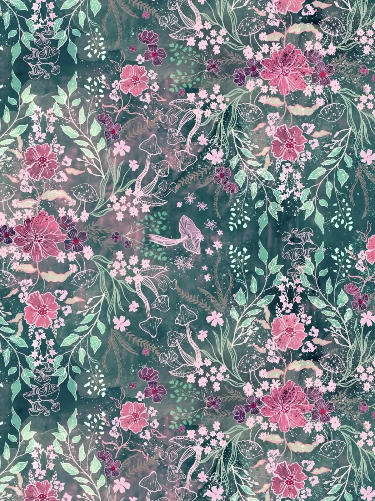 Fabric with a dark teal background and a pattern of pink flowers, green leaves, and mushrooms.