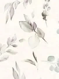 Fabric with a pattern of various green and purple eucalyptus leaves on a light background.