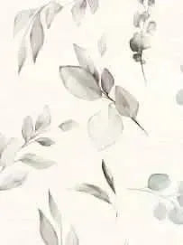 Eucalyptus leaves in soft gray watercolor on white fabric.