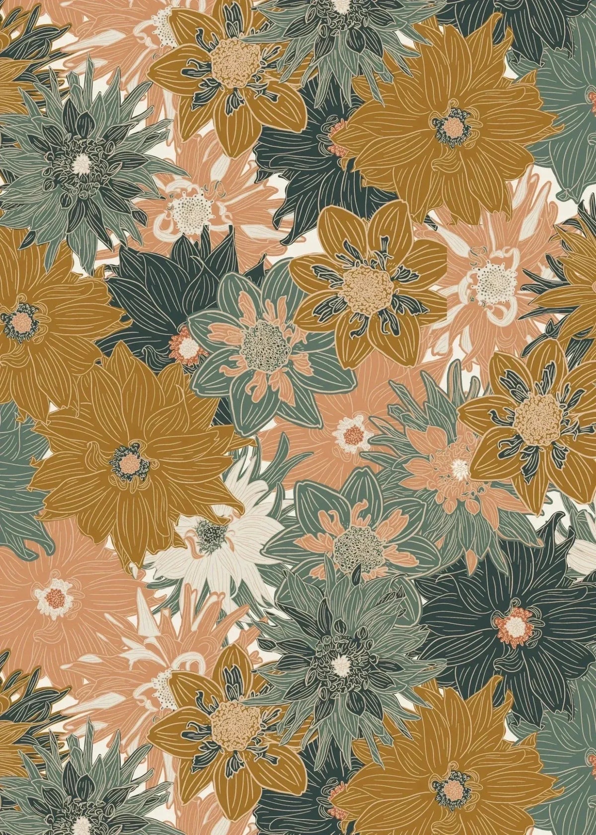 Floral print fabric with orange, green, and pink flowers on a light background.