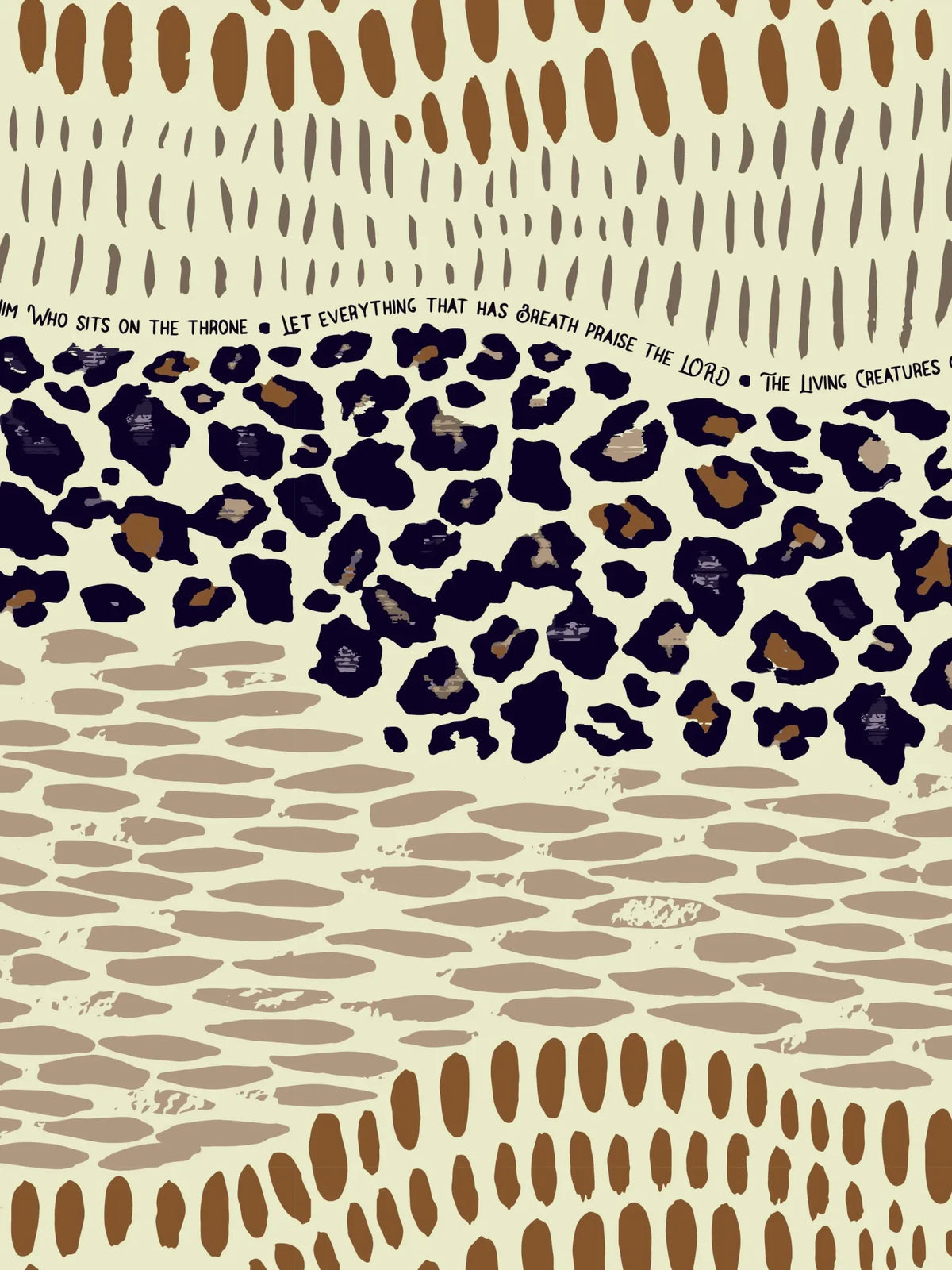 Fabric with leopard print and abstract brown and tan patterns.