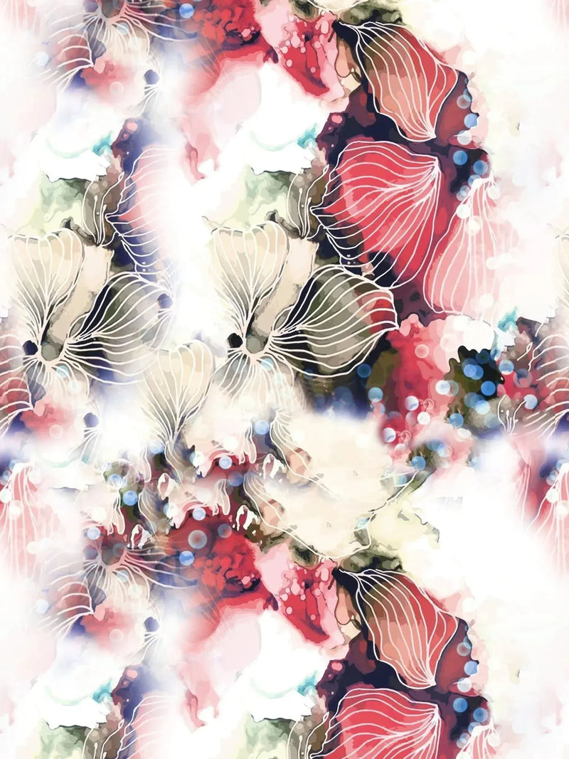 A fabric with a pattern of abstract red, white, and blue flowers.