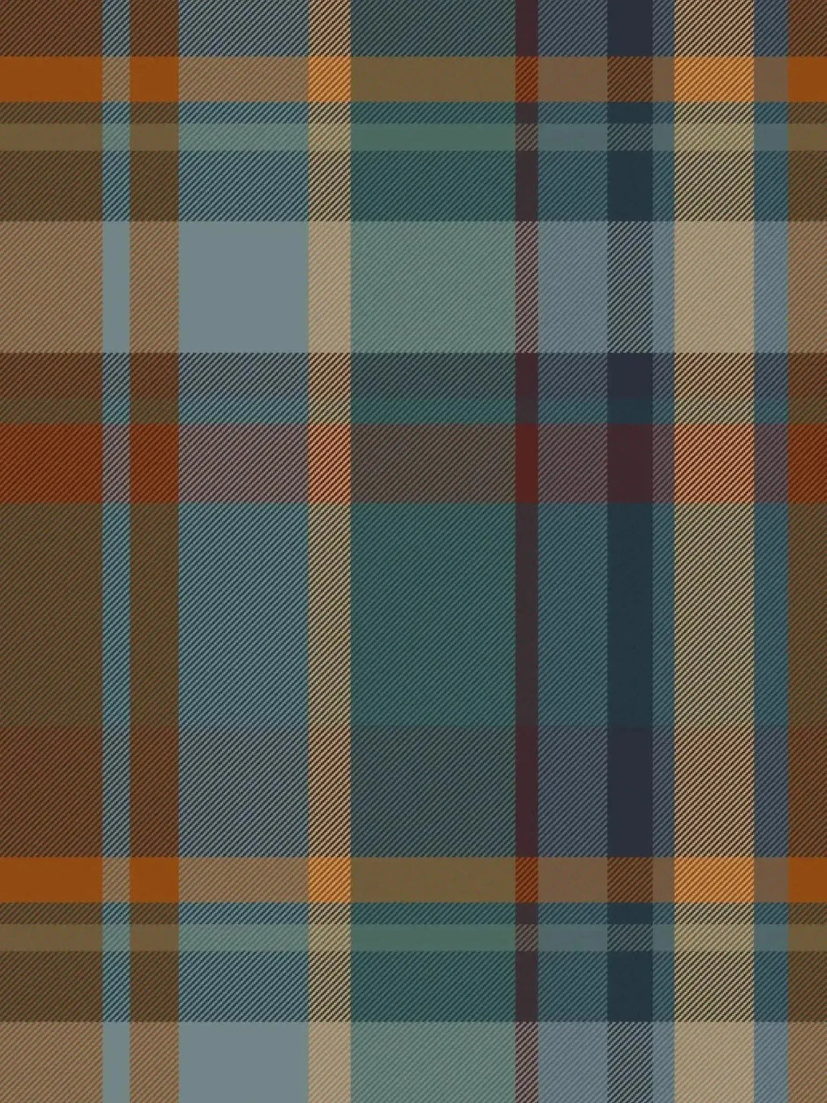 Fall teal plaid fabric with brown, orange, and light blue stripes.