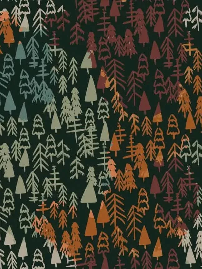 A dark fabric with a pattern of various fall-colored trees.